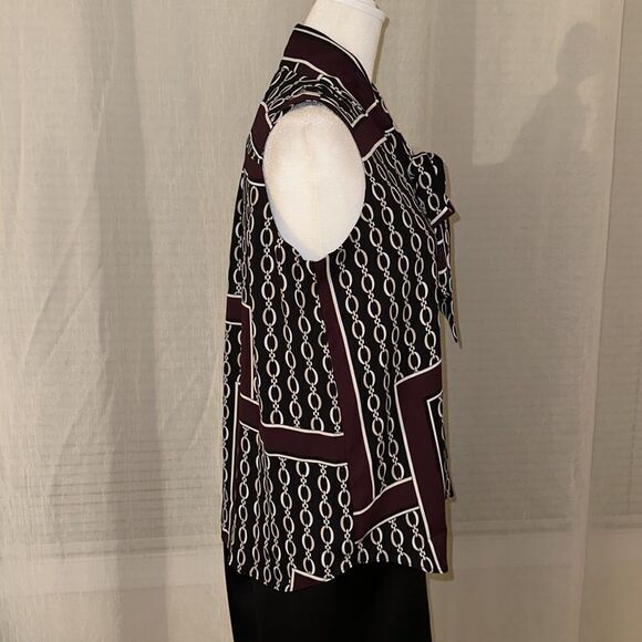 Ann Taylor SP Burgundy Black Ivory White Chainlink Sleeveless Shell Tie Blouse - Picture 10 of 13